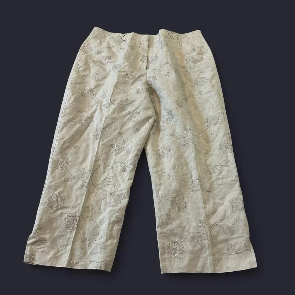 Larry Levine Linen Floral Embroidered Capris Pants Casual Summer Women's 16 - Picture 1 of 9